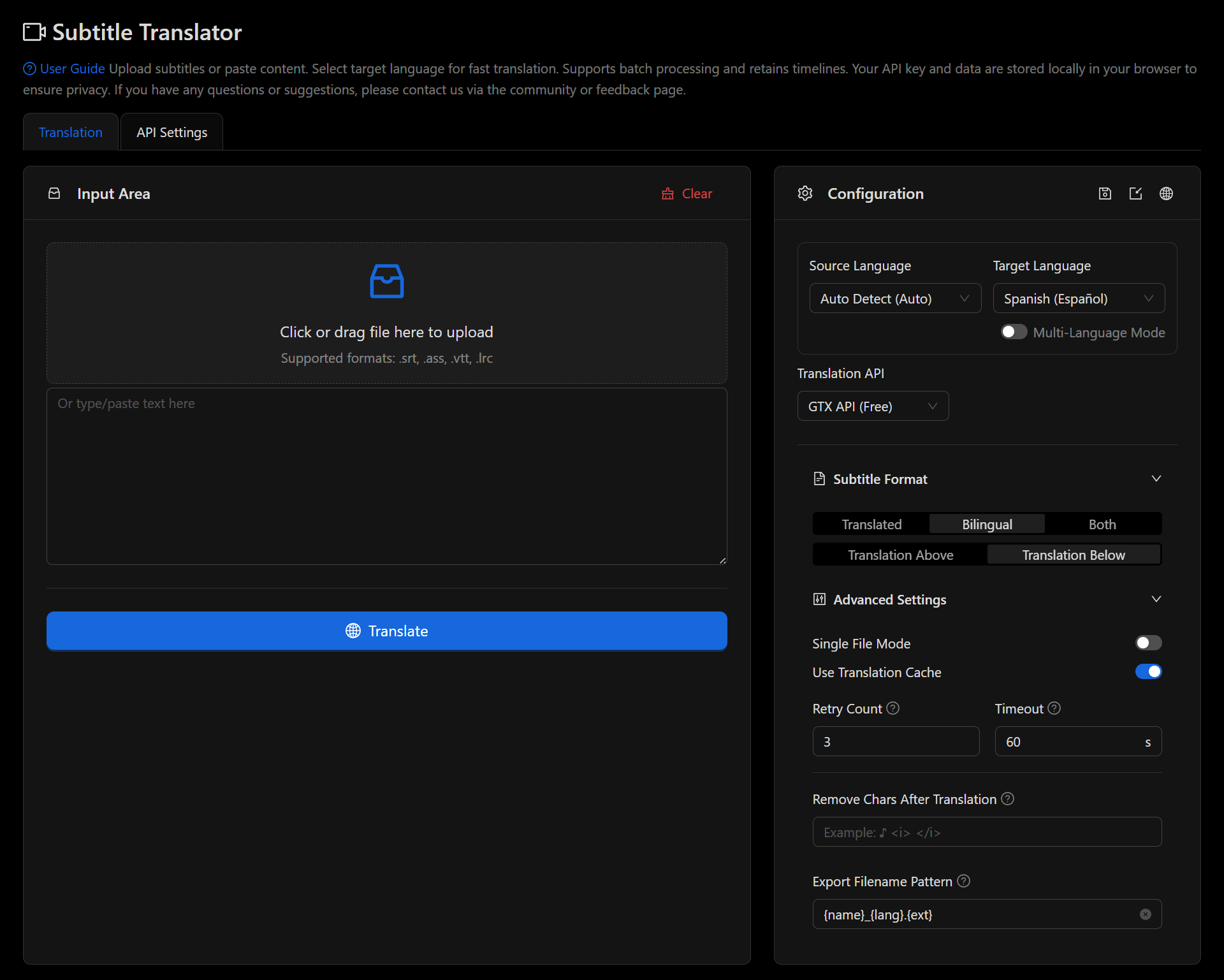 Subtitle Translator - Main product screenshot demonstrating key features and user interface