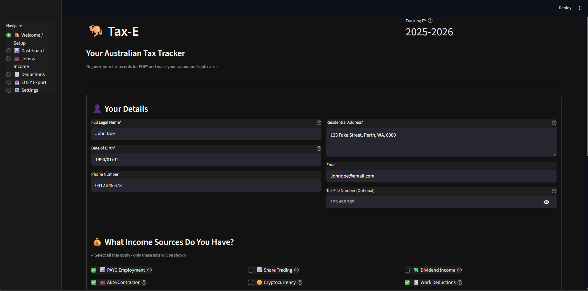 Tax-E - Main product screenshot demonstrating key features and user interface