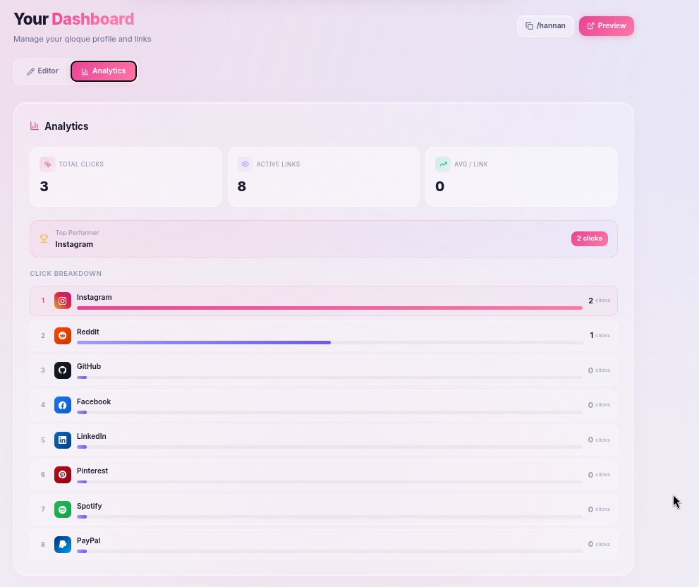 qloque —  link in Bio Application - Screenshot 4 showing product features and functionality