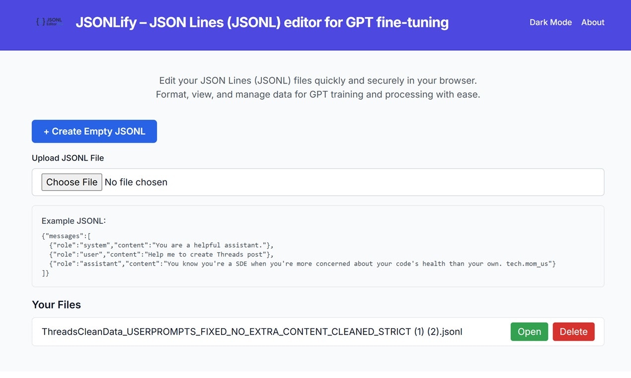 JSONLify-Jsonl Editor 4 Fine-runing GPT - Modifica e formatta i set di dati JSONL per la formazione GPT all'istante media 2