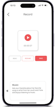 Usuário compartilhando uma memória de áudio privada do aplicativo Leaf com um amigo, destacando a facilidade e a privacidade da funcionalidade de compartilhamento.