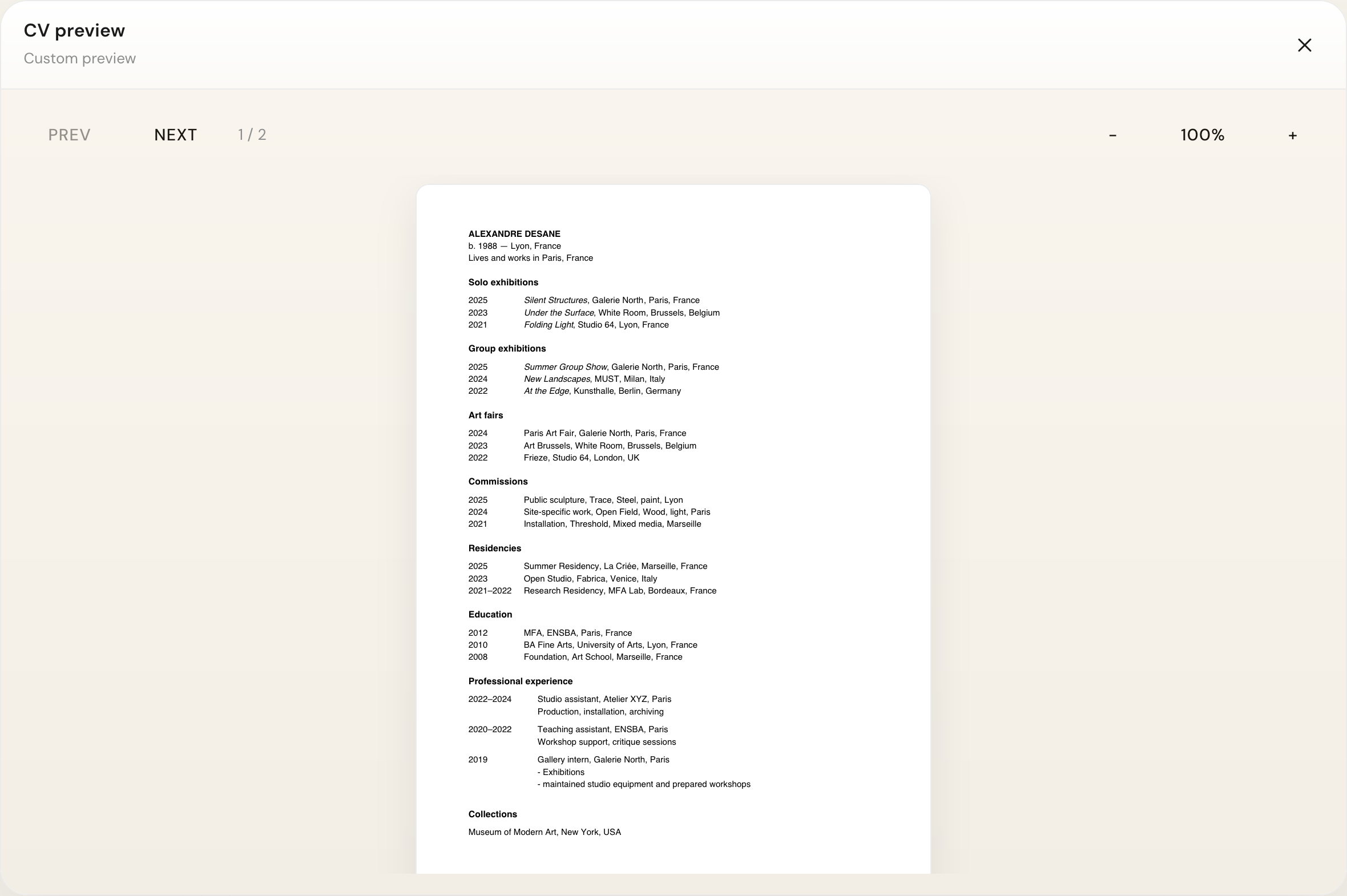 Artist CV Generator by MyArtPDF gallery image
