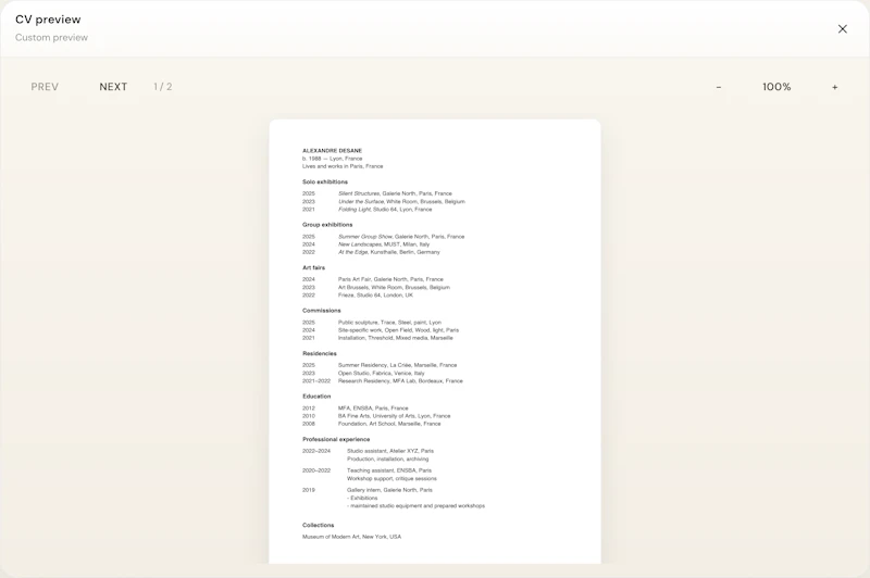 Artist CV Generator by MyArtPDF screenshot 1