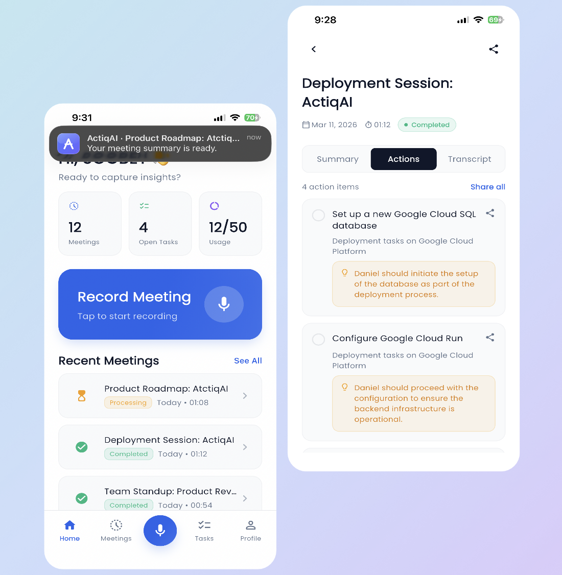 ActiqAI - AI Meeting Copilot - Main product screenshot demonstrating key features and user interface