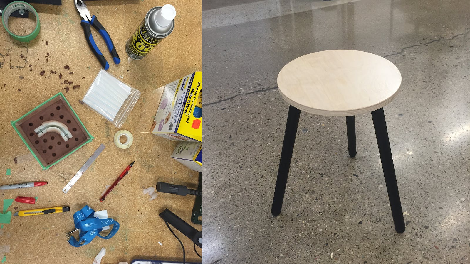 Left: Using epoxy resin to duplicate 3D-printed parts. Right: A simple plywood stool using our connectors to form the legs. It couldn’t carry significant weight, but it worked as a proof of concept.