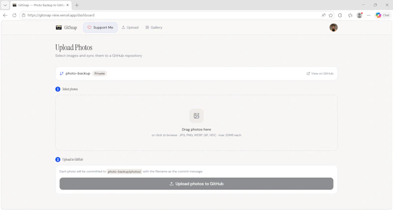 GitSnap — Photo Backup to GitHub, free. screenshot 2