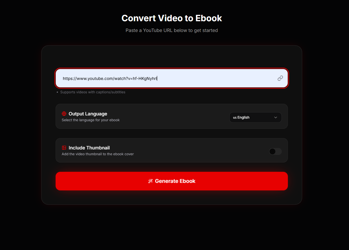 YouTube to eBook - Main product screenshot demonstrating key features and user interface