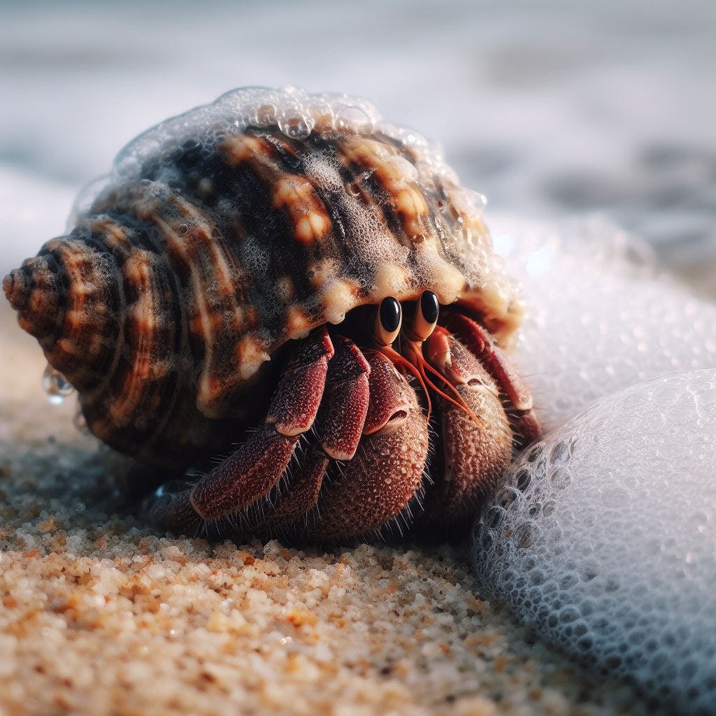 Writer's screenshot showing the prompt: Close-up photograph of a hermit crab nestled in wet sand, with sea foam nearby and the details of its shell and texture of the sand accentuated" generated in Bing Image Creator