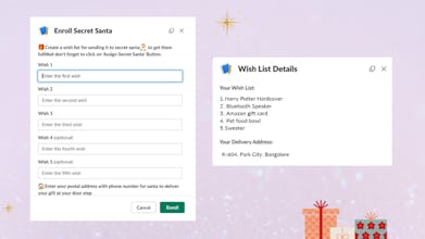 Team Spirit and Holiday Cheer - Image of colleagues gathered around a virtual Christmas tree in a Slack workspace, participating in Secret Santa through Trivia. The image highlights the ease of pairing up colleagues, creating wishlists, and exchanging gifts to elevate team spirit.