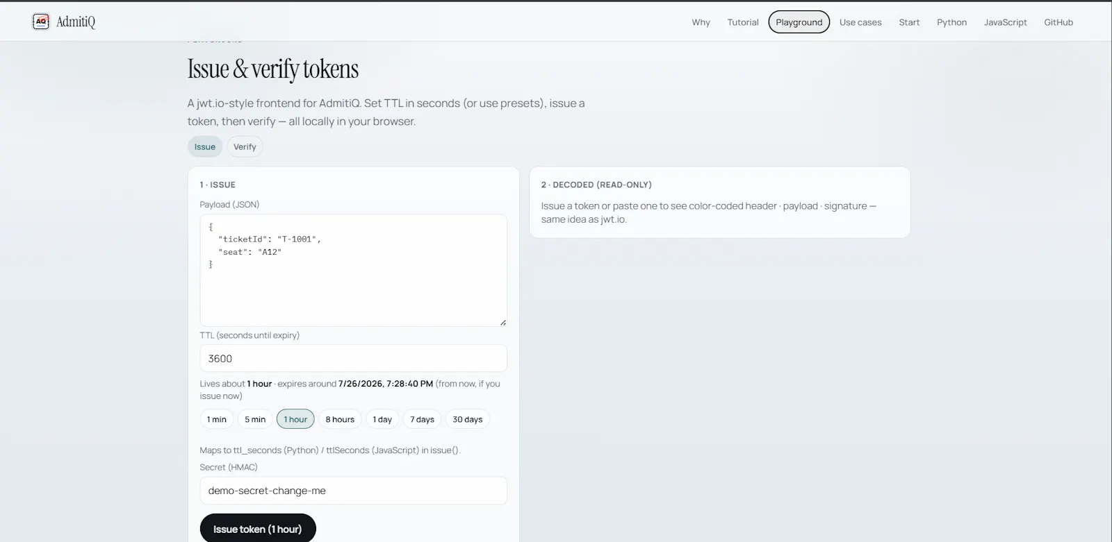 AdmitiQ - signed, expiring tokens screenshot 4