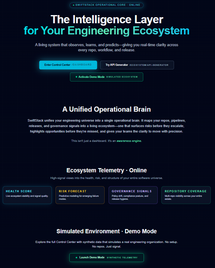 SwiftStack Developer Intelligence Engine - Main product screenshot demonstrating key features and user interface