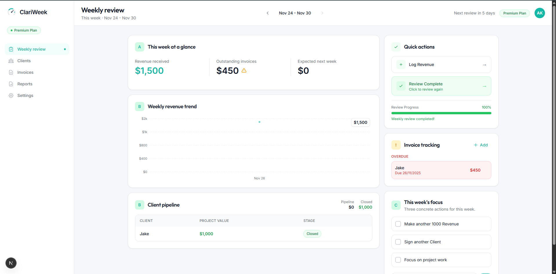 ClariWeek - Main product screenshot demonstrating key features and user interface