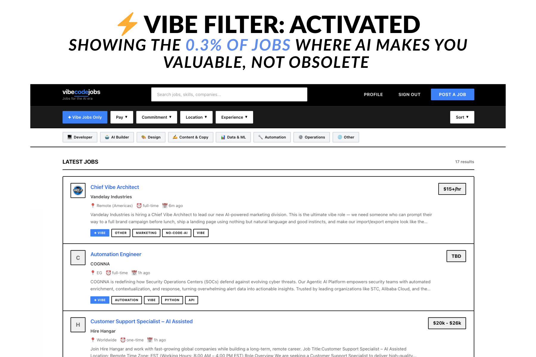 Vibe Code Jobs - Screenshot 2 showing product features and functionality