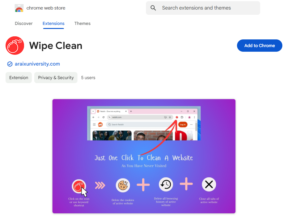 Média Essuyer - Supprimer les cookies et l'historique de navigation Chrome Extension 1
