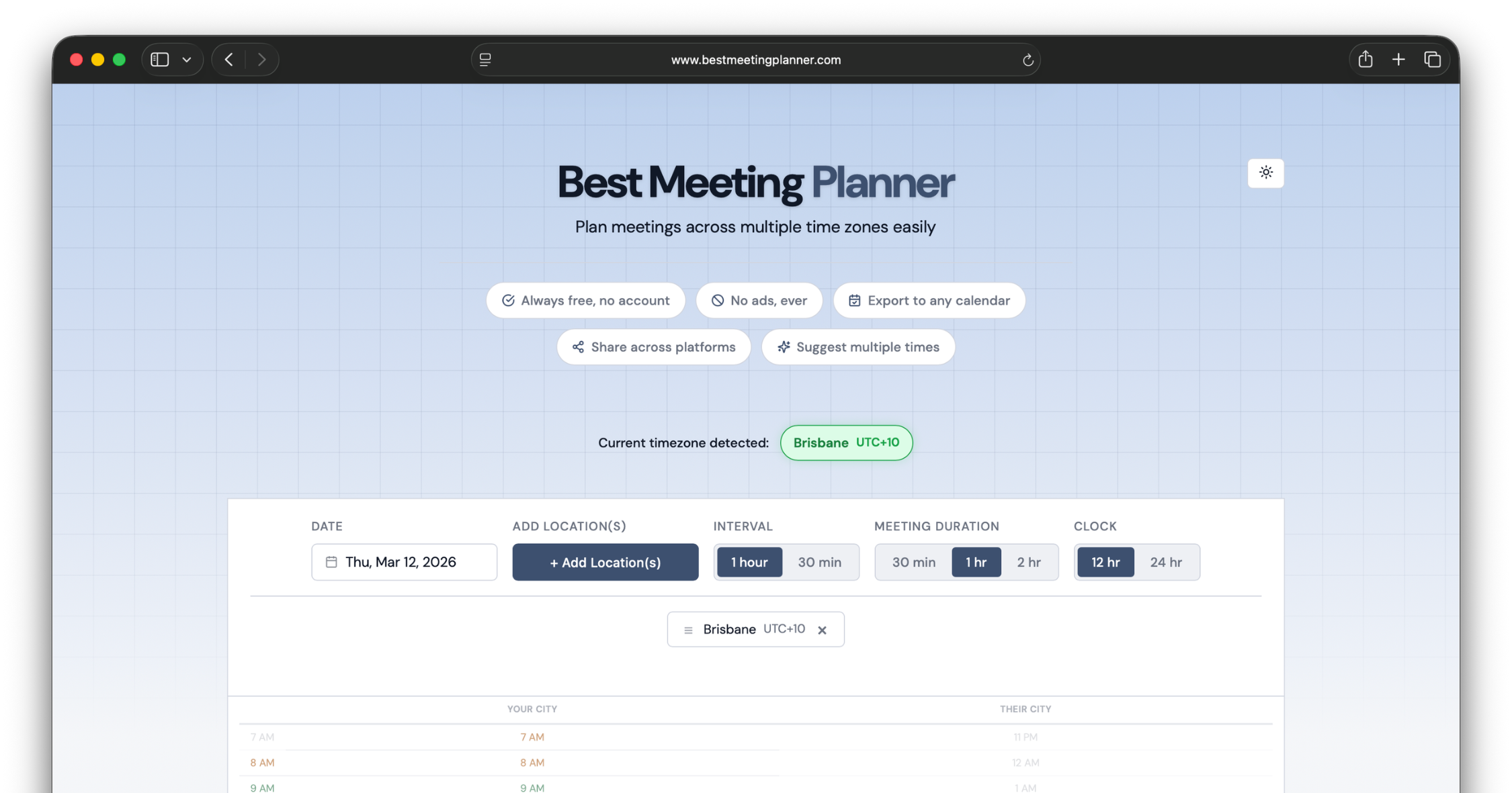 Best Meeting Planner for Time Zones - Main product screenshot demonstrating key features and user interface