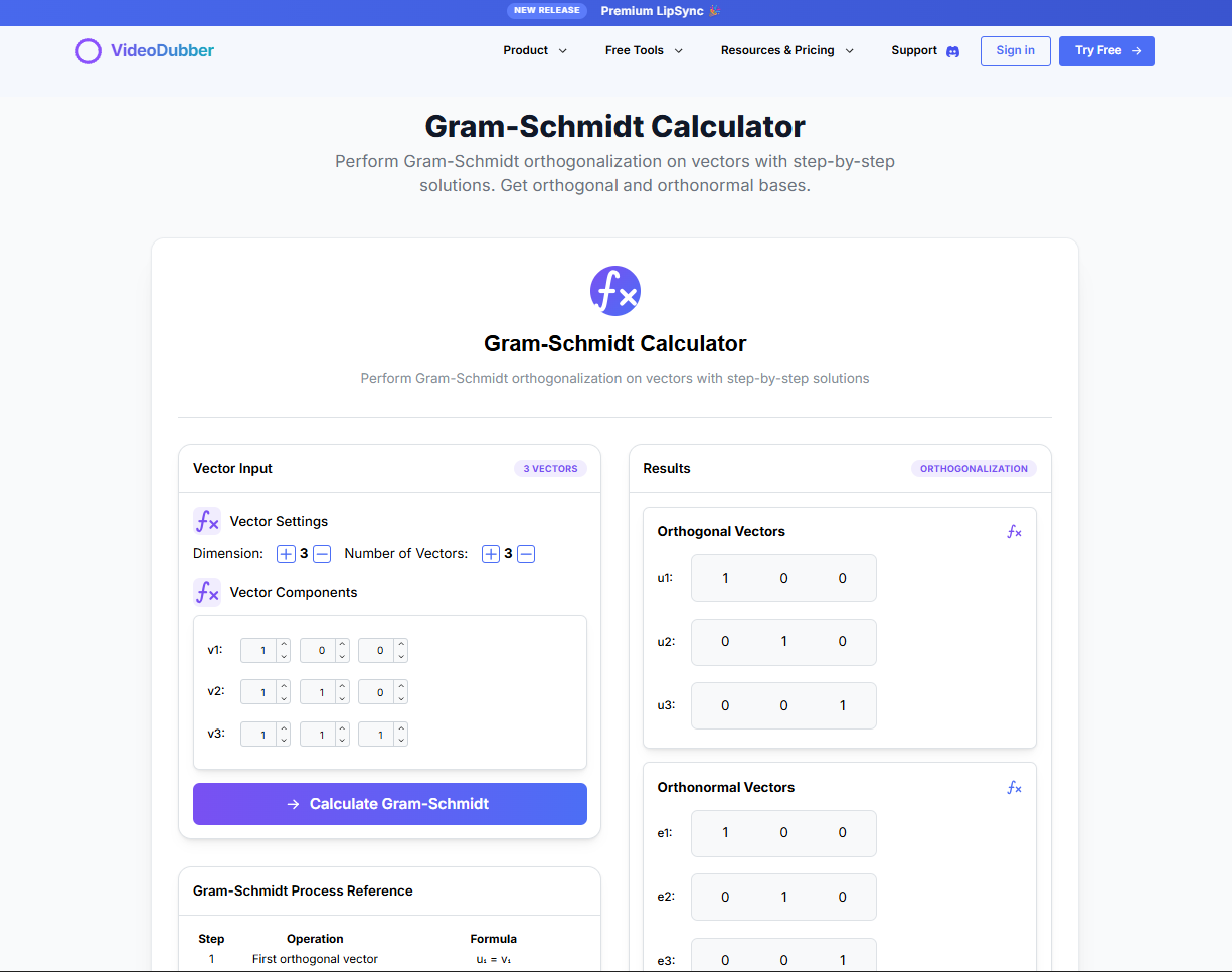Média Calculatrice de gramme Schmidt - Calculatrice de Schmidt |Outil d'orthogonalisation |videodubber.ai 2
