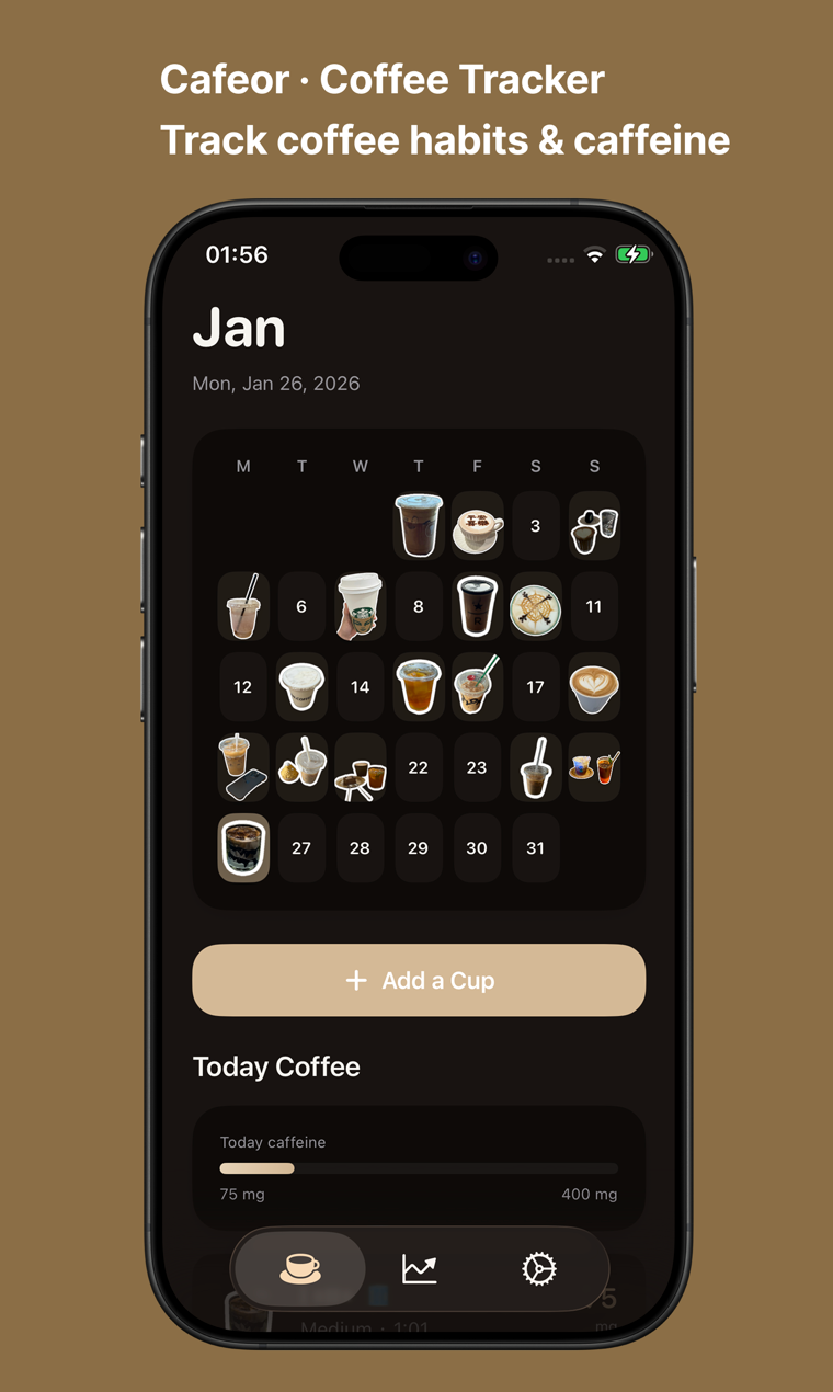 Cafeor - Daily Coffee Tracker - Main product screenshot demonstrating key features and user interface