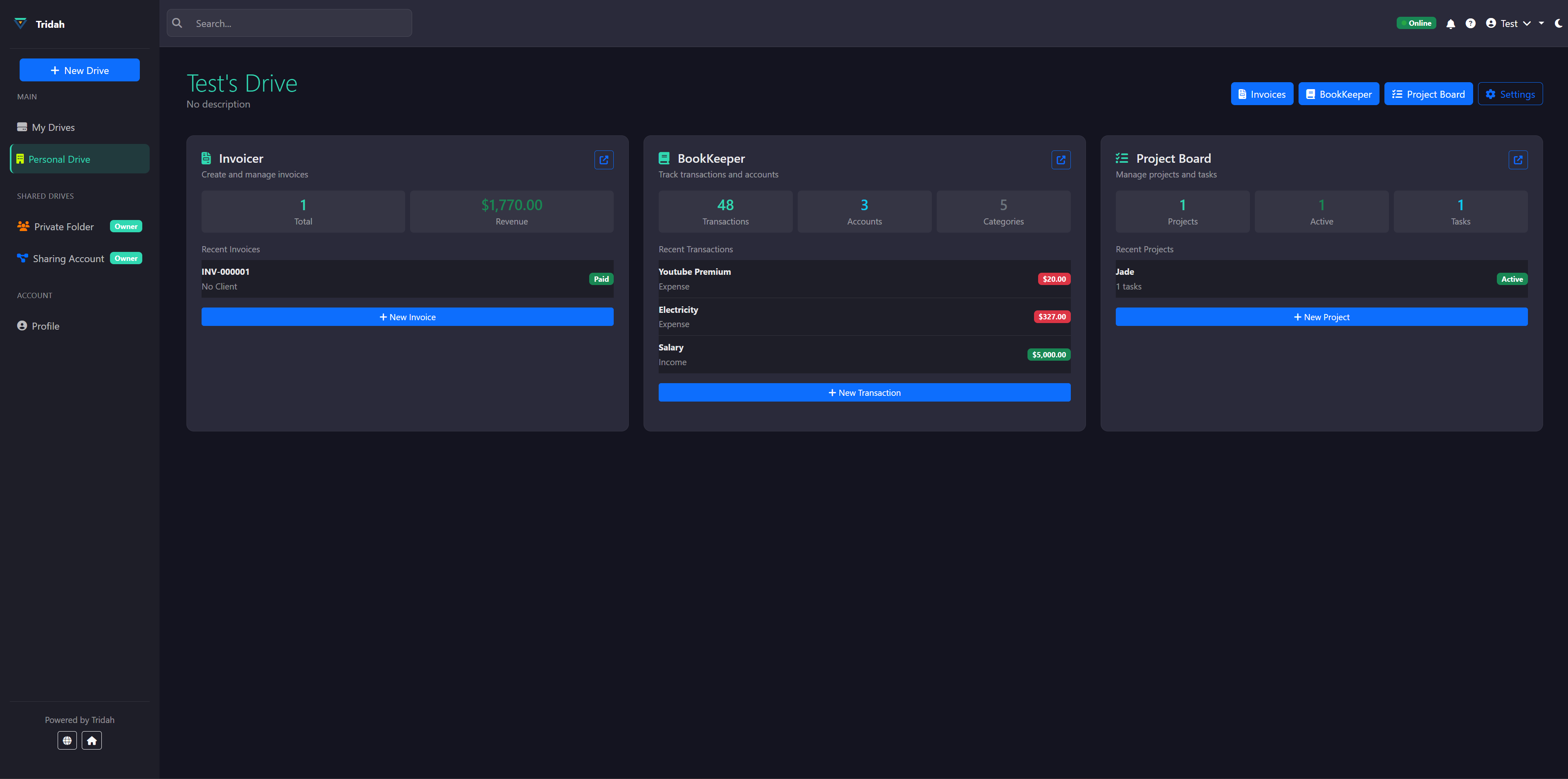 Tridah Drive - Main screenshot showing features and interface