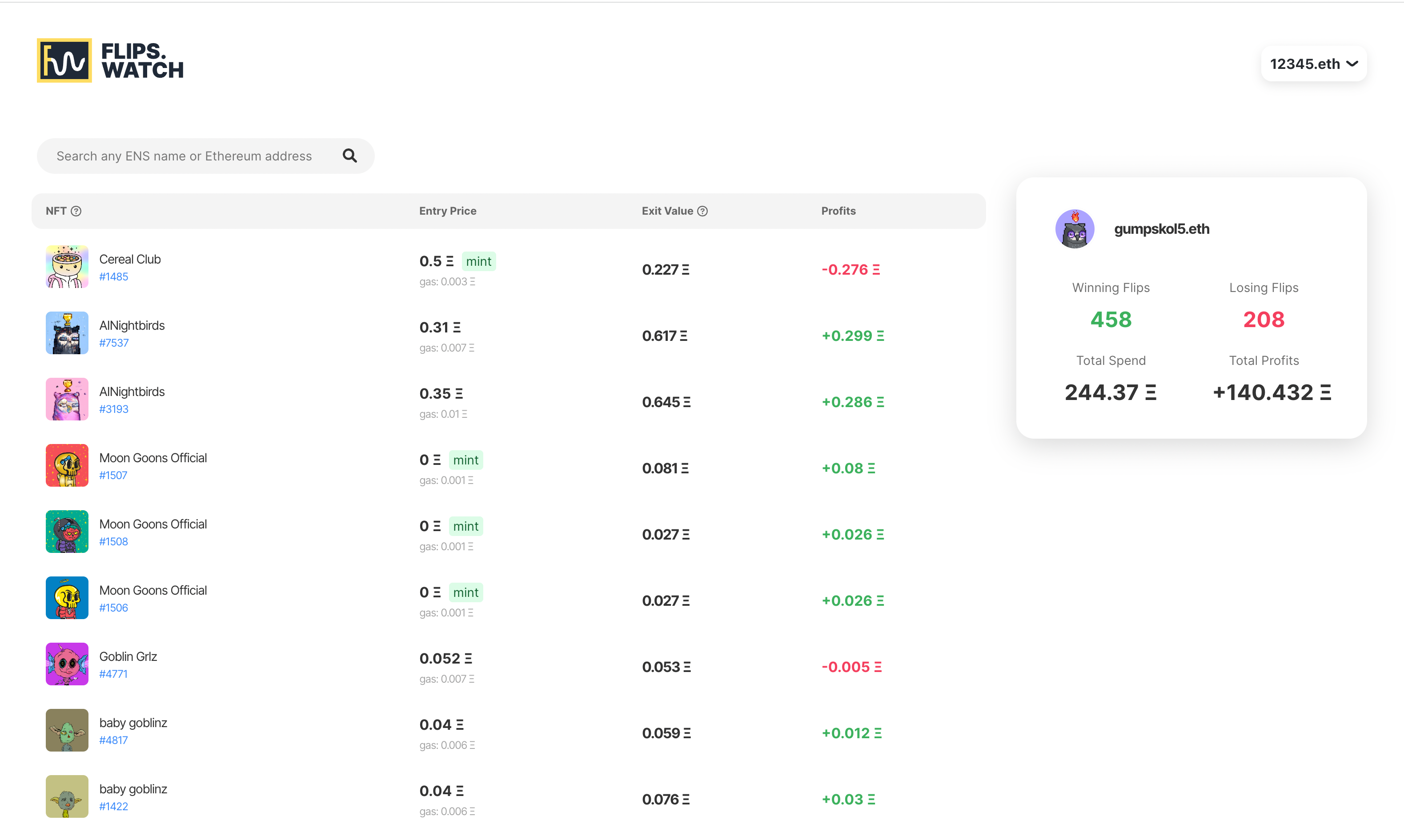 Flips Watch 2.0 - Analice su historial comercial NFT y ganancias media 2