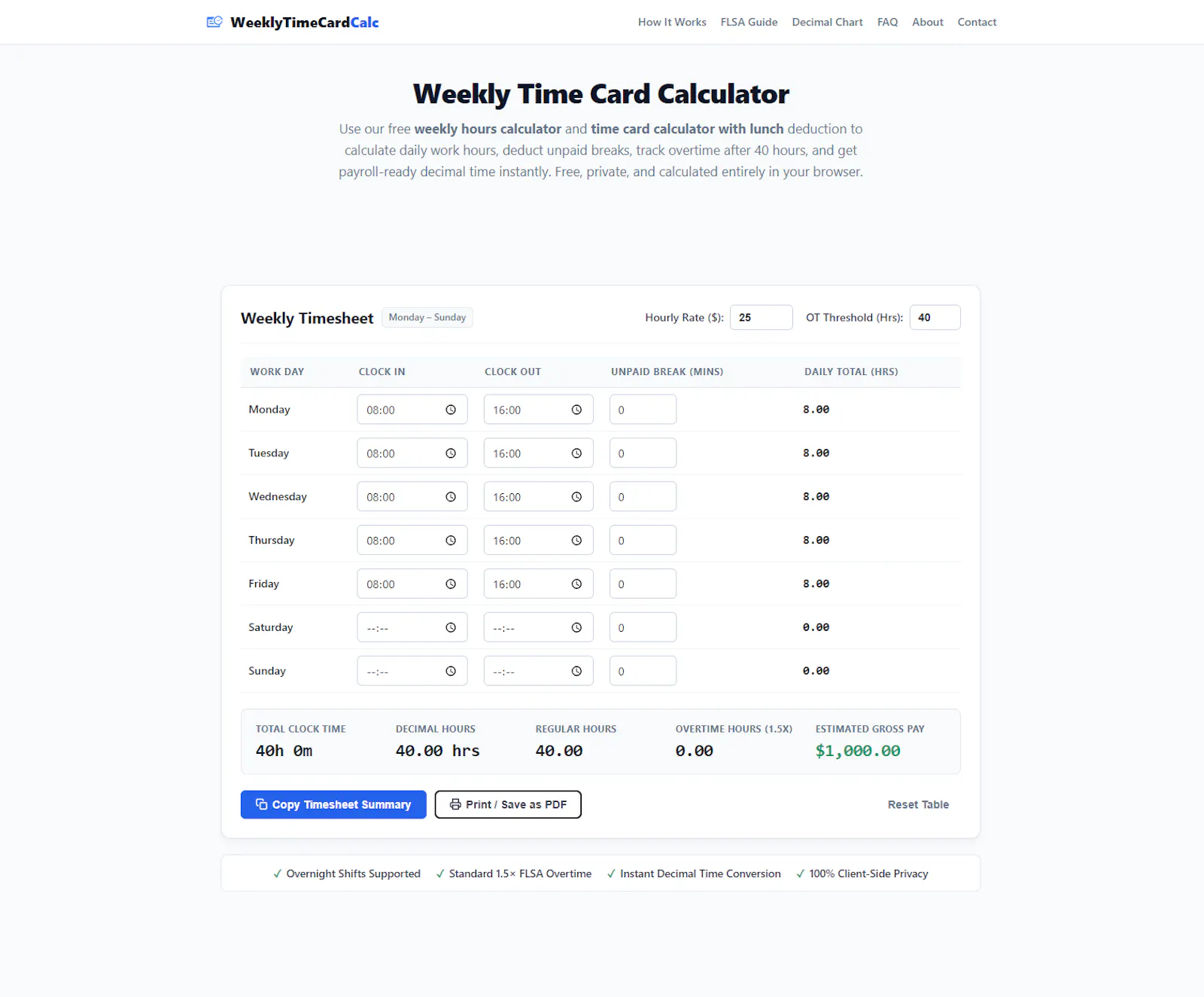 Weekly Time Card Calculator screenshot 2