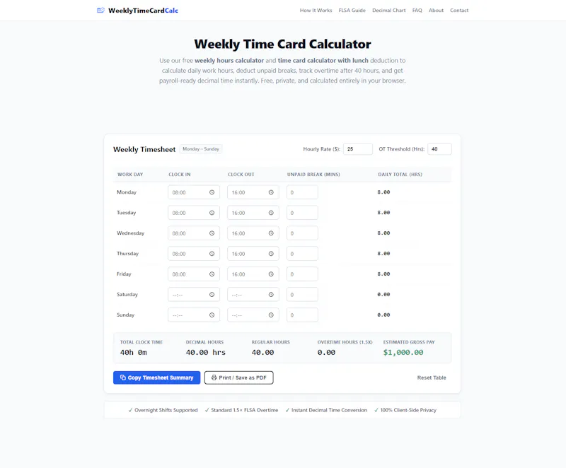 Weekly Time Card Calculator screenshot 2
