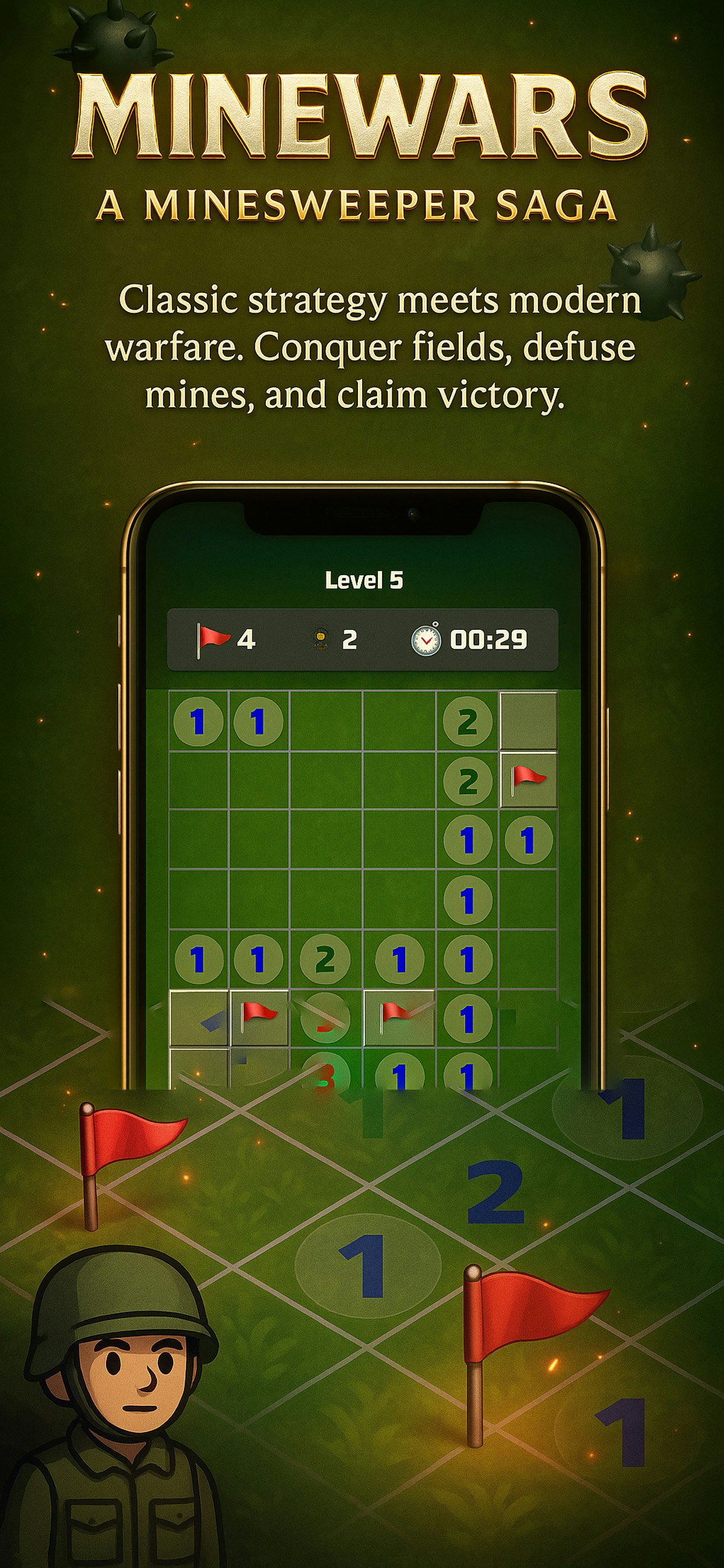 MineWars – A Minesweeper Saga - Main screenshot showing features and interface