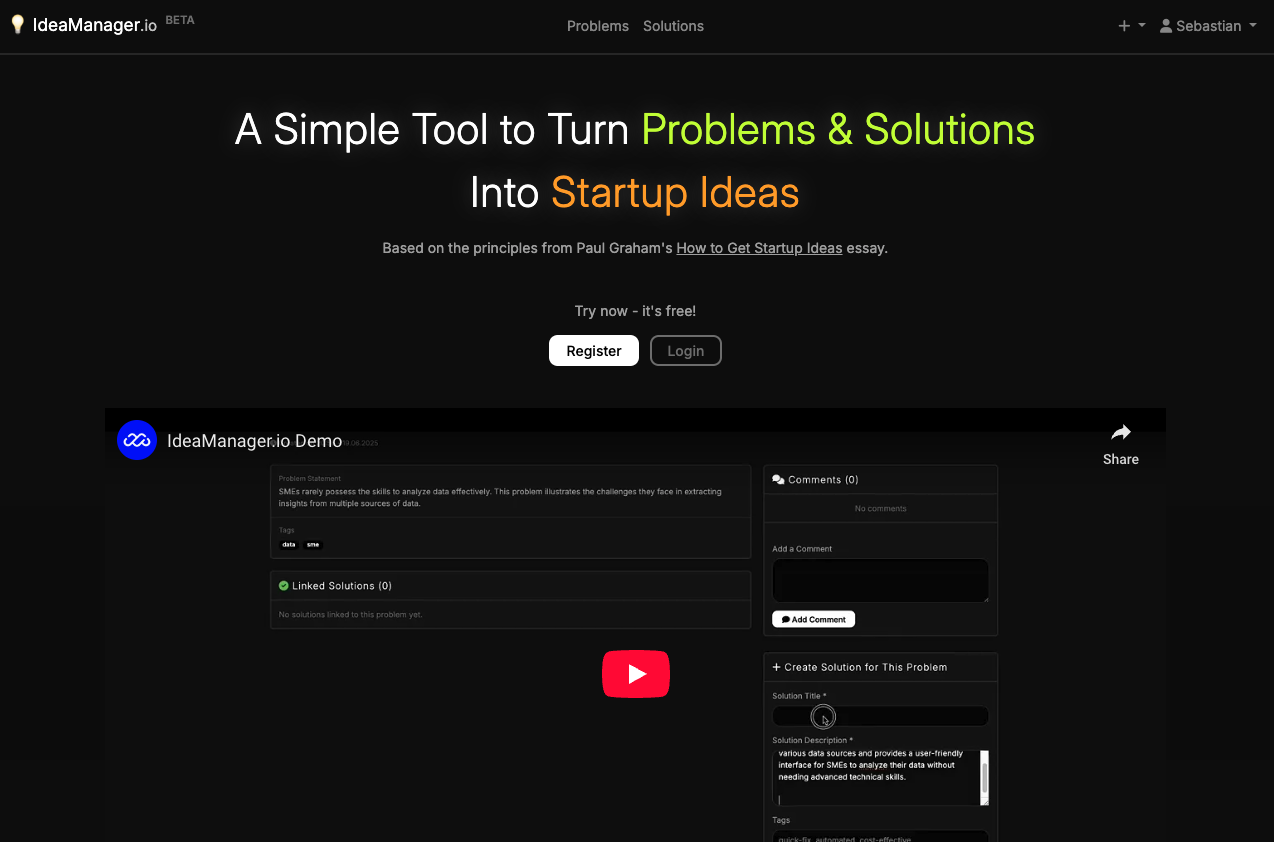 Mídia 2 de IdeaManager.io - Geração de idéias de inicialização através de problemas e soluções
