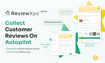 Shopify 상점에서 ReviewXpo 통합을 표시하는 모바일 장치로 고객 평가와 리뷰를 보여주고 있습니다.