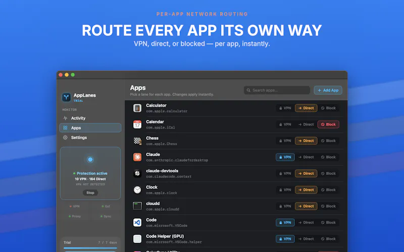 AppLanes - Per-App VPN Routing for Mac screenshot 3