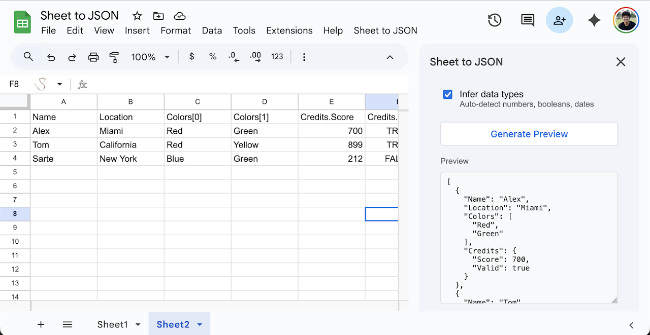 Sheets to JSON - Screenshot 2 showing product features and functionality