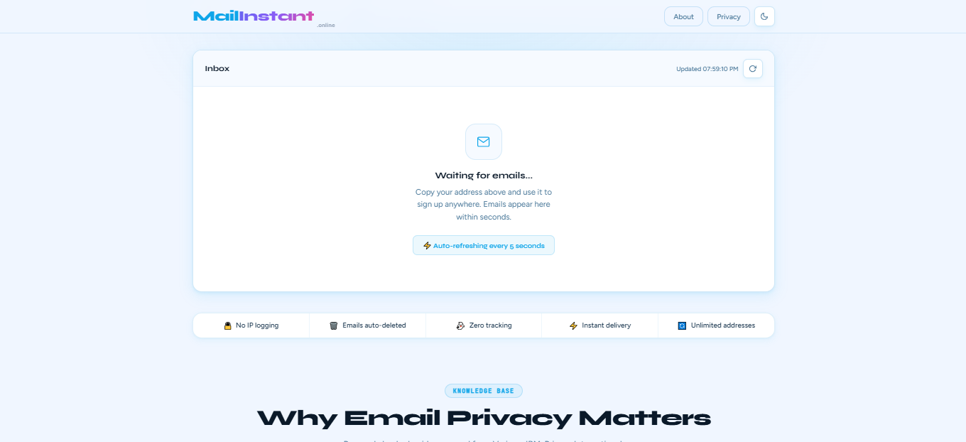 Mailinstant Free Temporary Email Address - Screenshot 3 showing product features and functionality