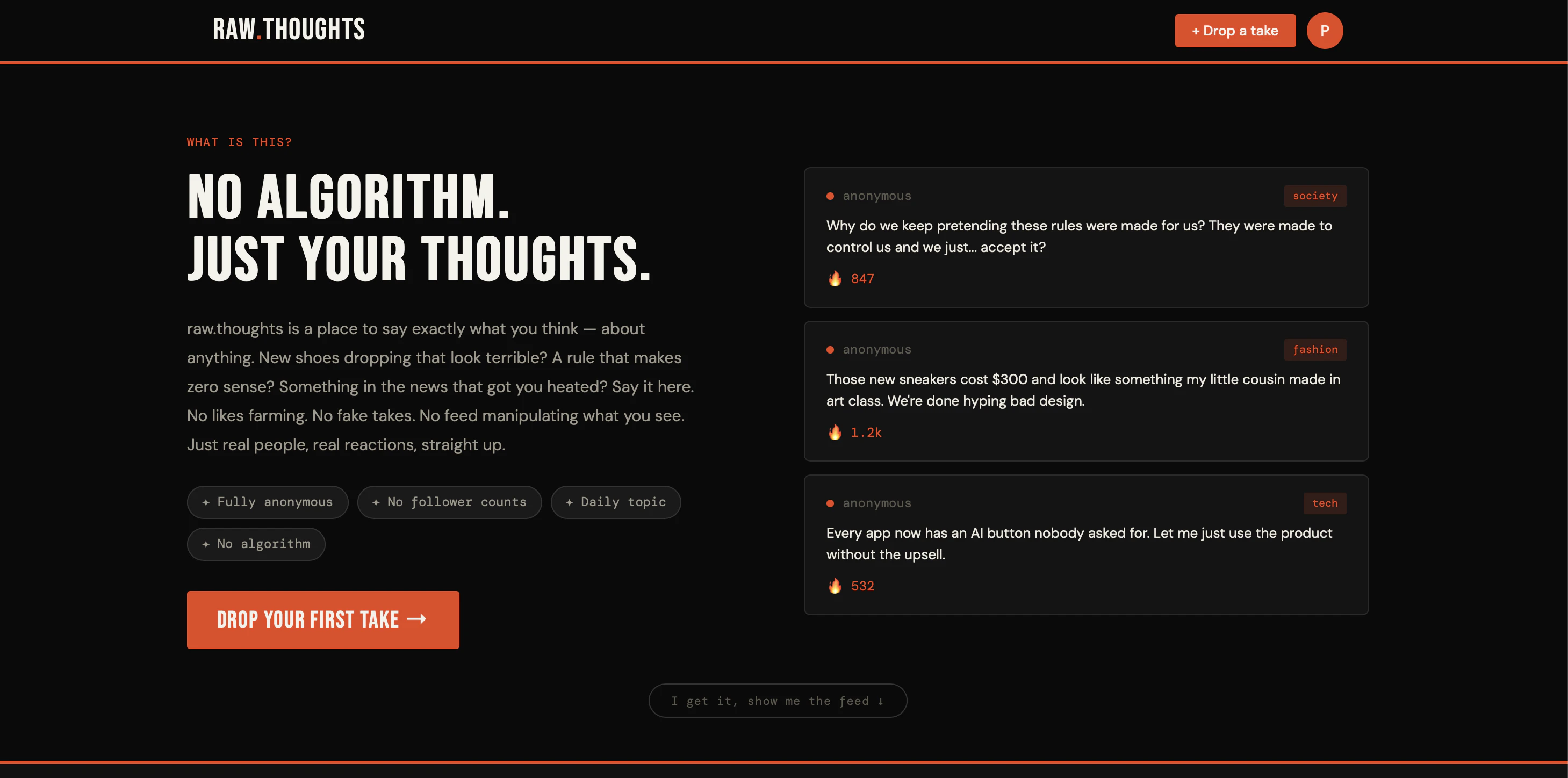 raw.thoughts — say it straight 대표 미리보기