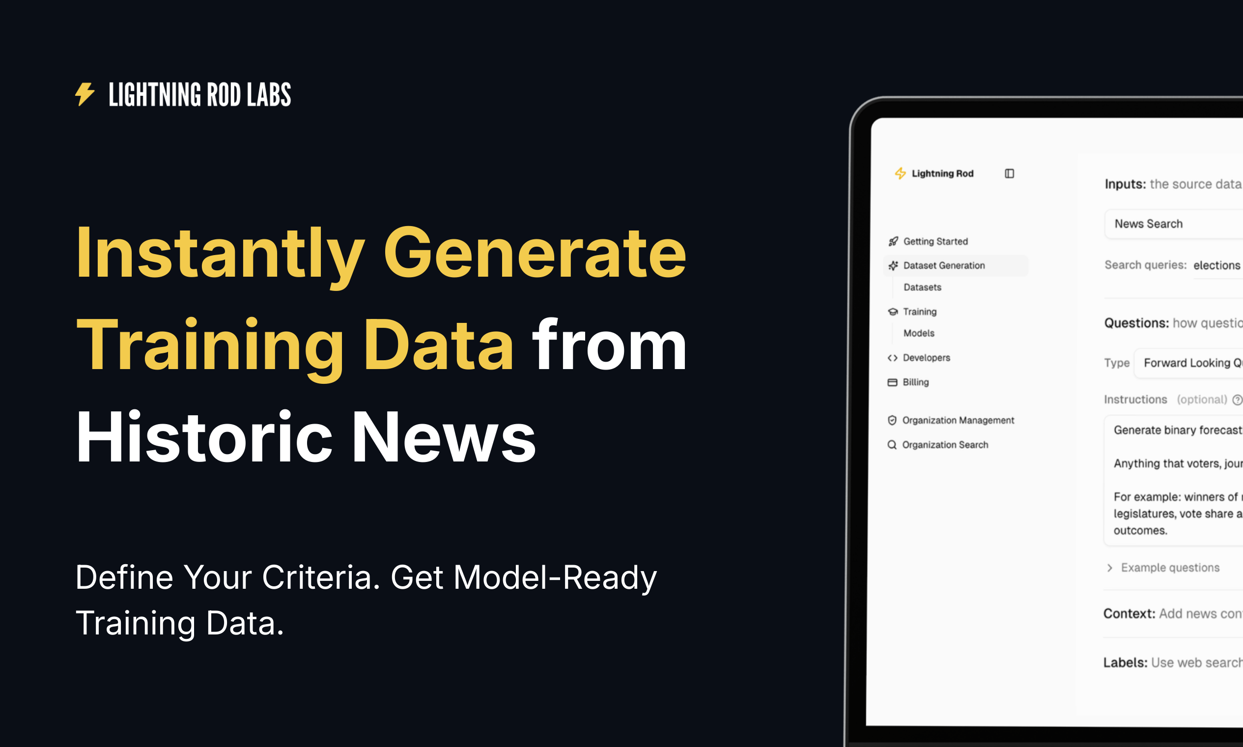 Lightning Rod: Training Data From News - Main product screenshot demonstrating key features and user interface