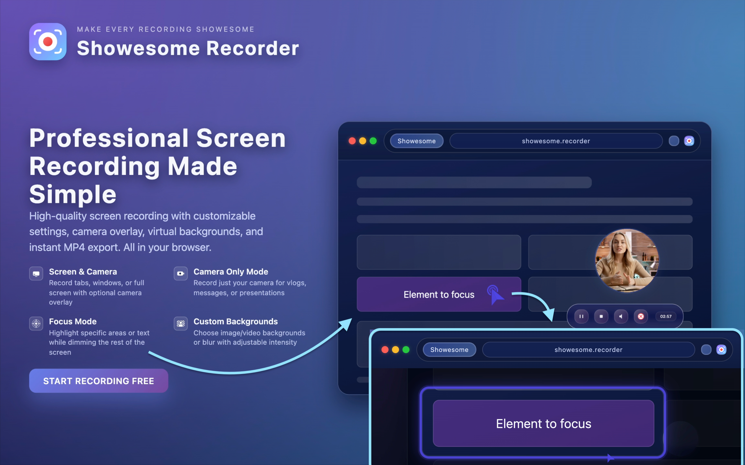 Showesome screen recorder - Main product screenshot demonstrating key features and user interface