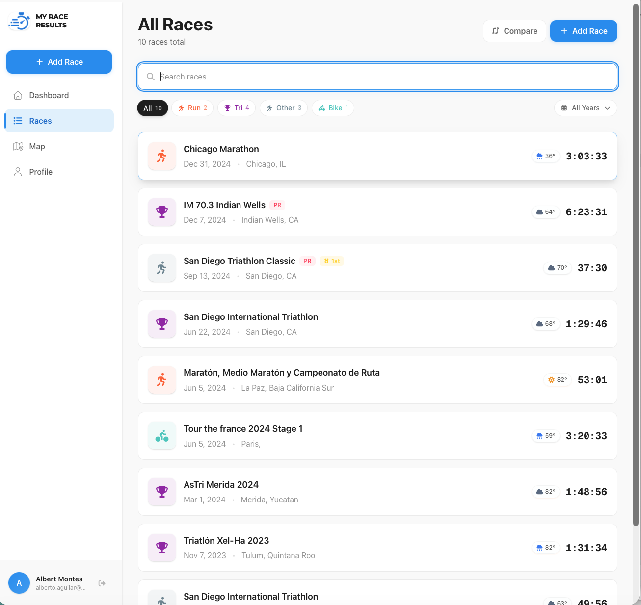 My Race Results - Screenshot 3 showing product features and functionality