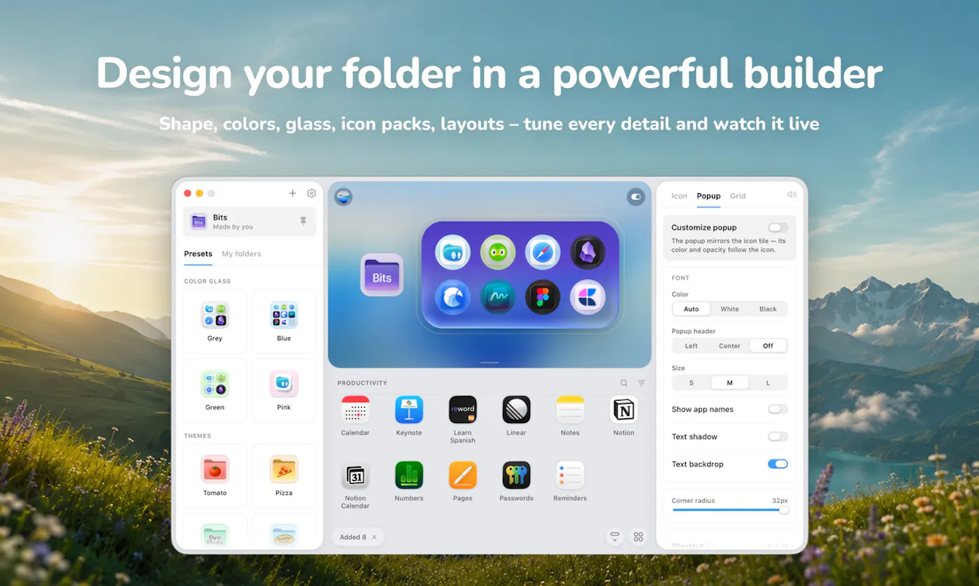 TinyFolder's builder, 'Design your folder in a powerful builder', with app picker, live preview and style settings