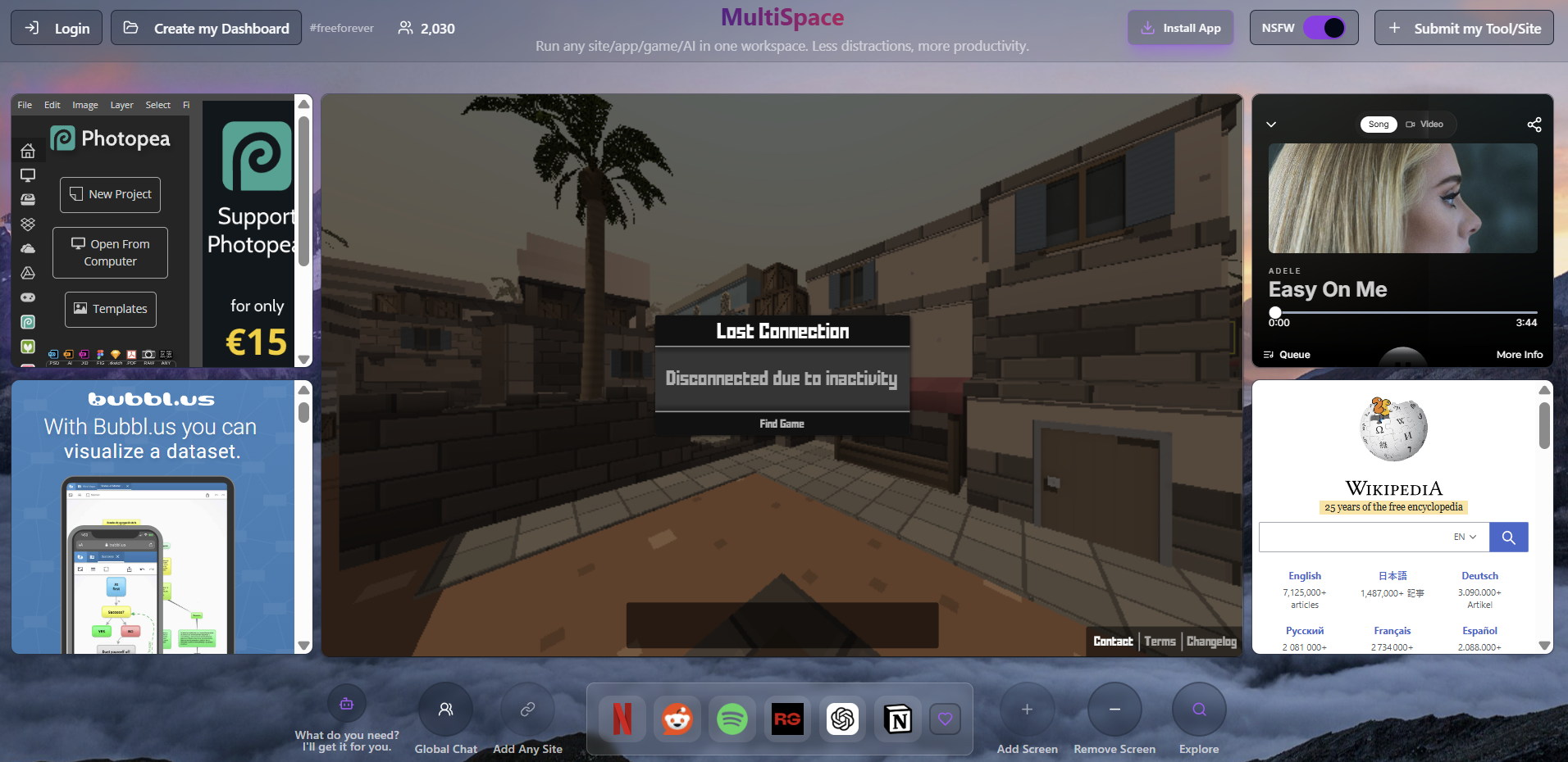 MultiSpace dev - My digital workspace - Main product screenshot demonstrating key features and user interface