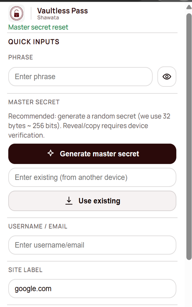 Vaultless Pass - Main product screenshot demonstrating key features and user interface