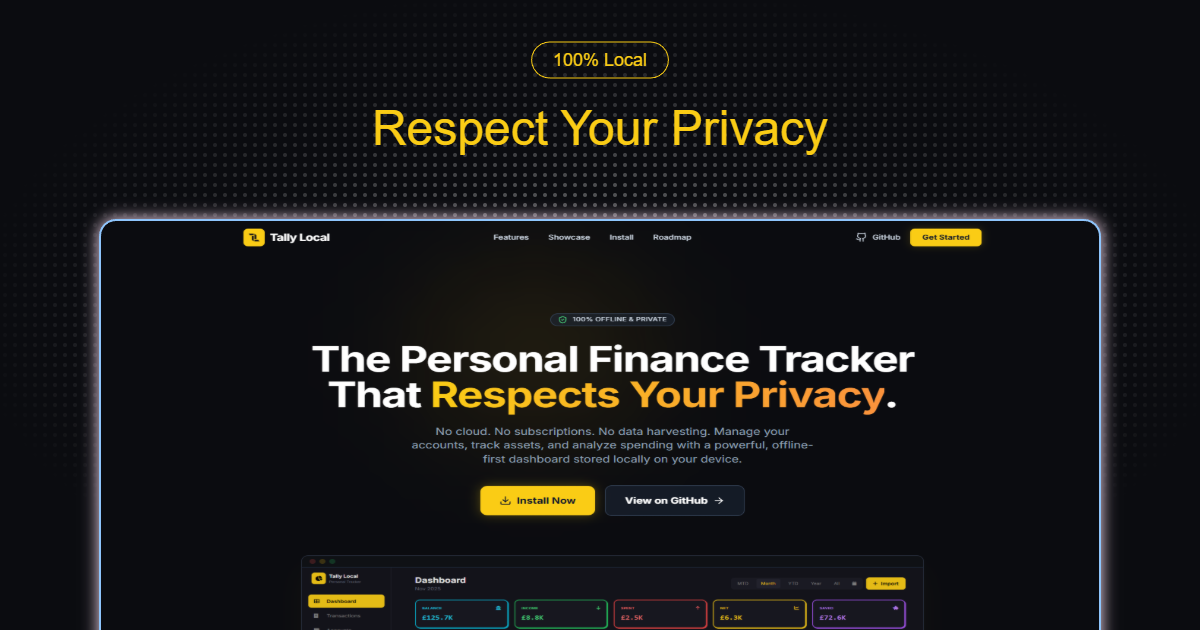 Tally Local - Main product screenshot demonstrating key features and user interface