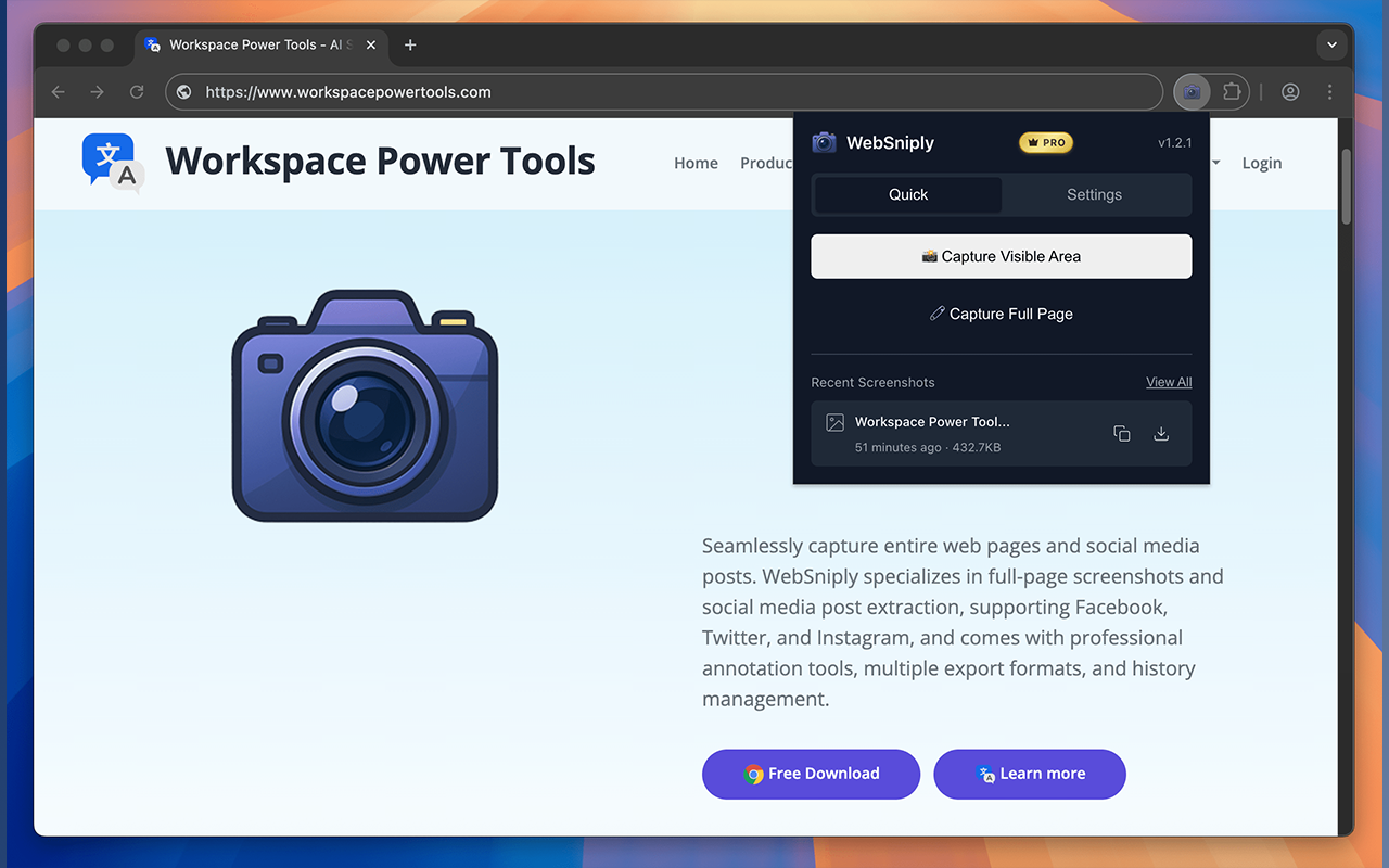 WebSniply - Main product screenshot demonstrating key features and user interface