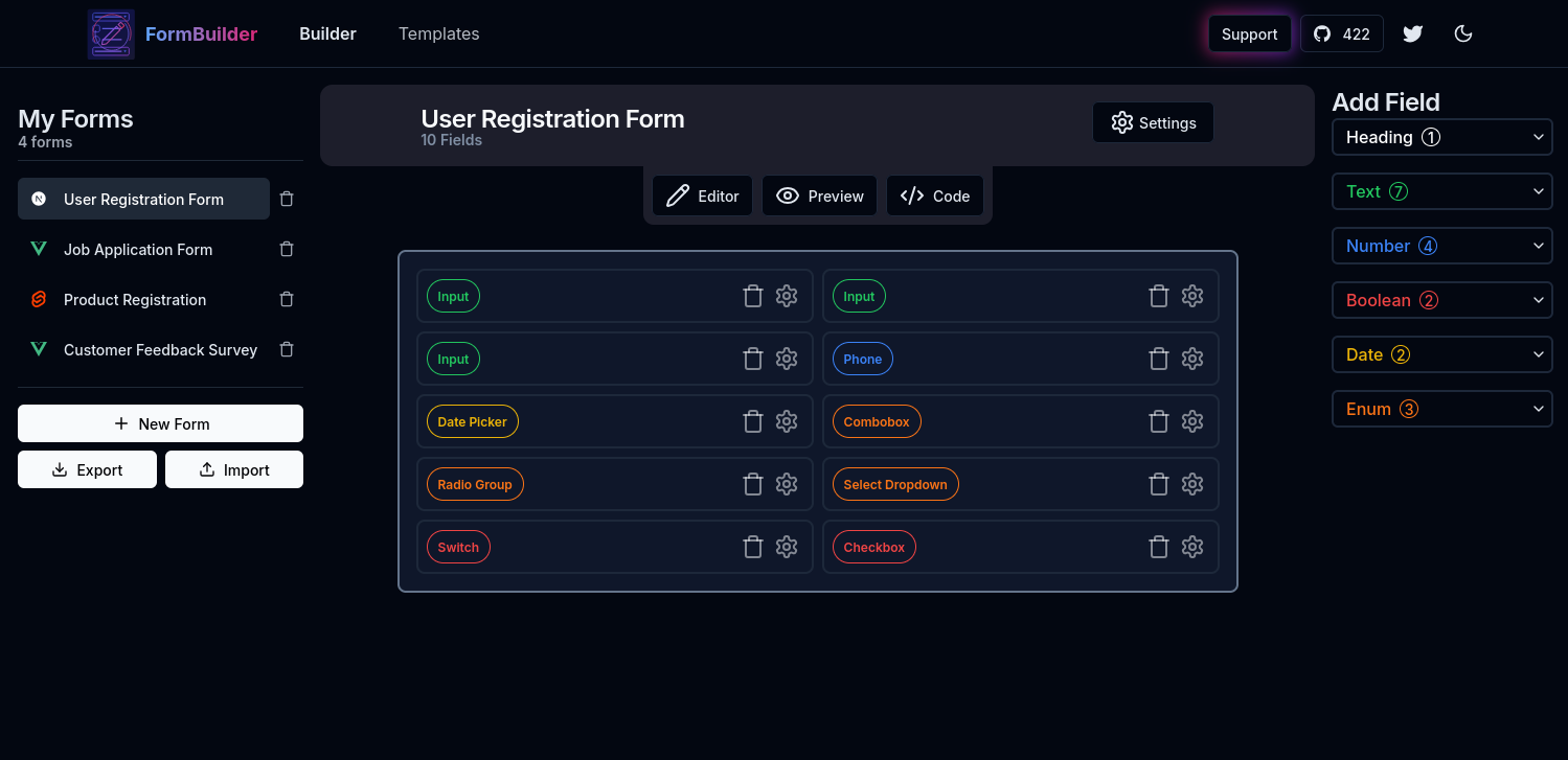 Media FormBuilder v1 - Công cụ mã dựa trên UI để dễ dàng tạo các biểu mẫu @shadcn/ui. 2