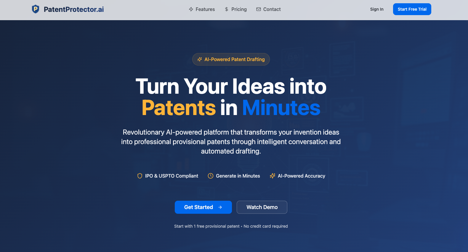 PatentProtector.ai - Main screenshot showing features and interface