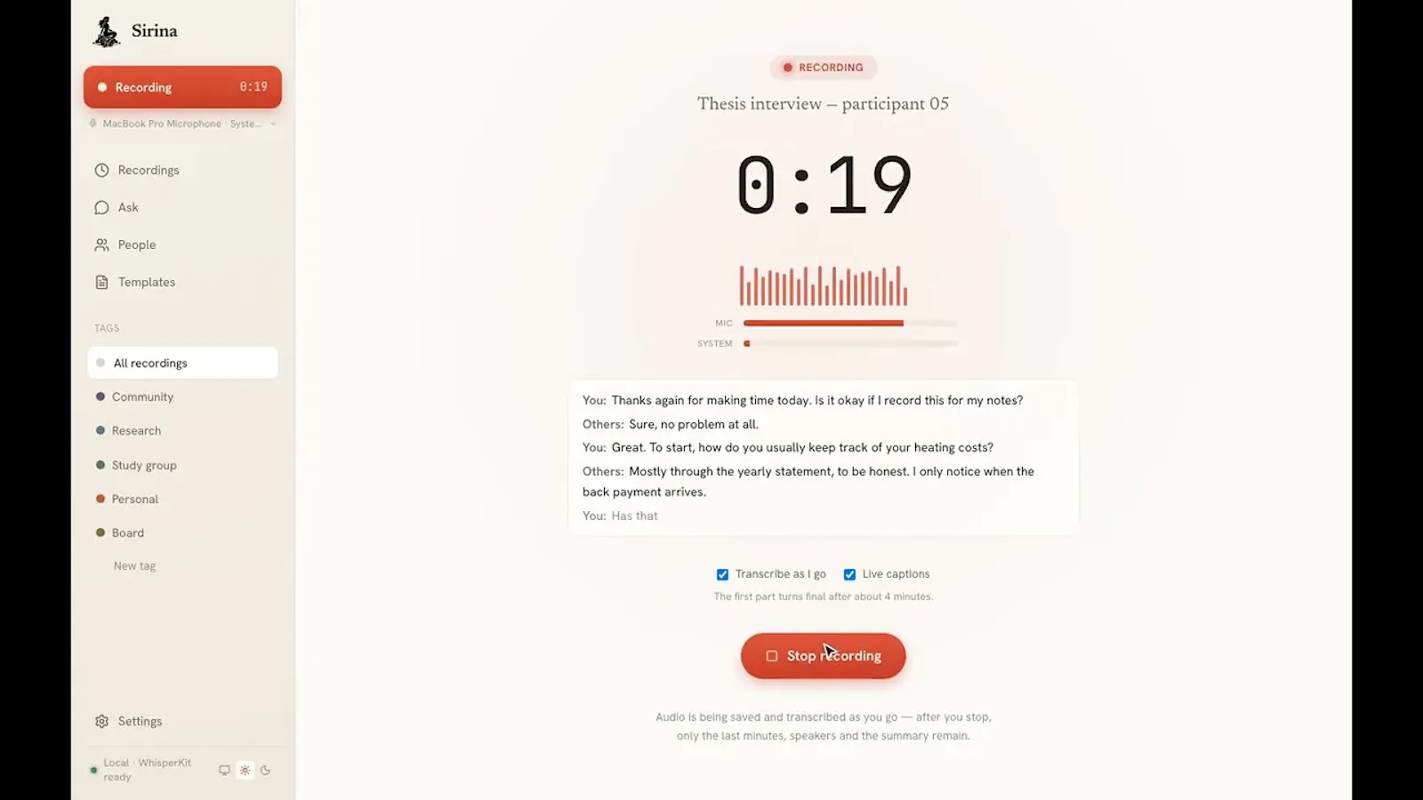 Sirina: private & local meeting recorder screenshot 1 (video preview)