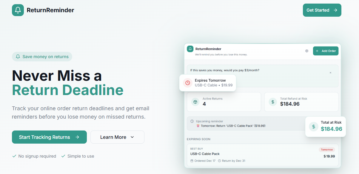 Return Reminder - Main product screenshot demonstrating key features and user interface