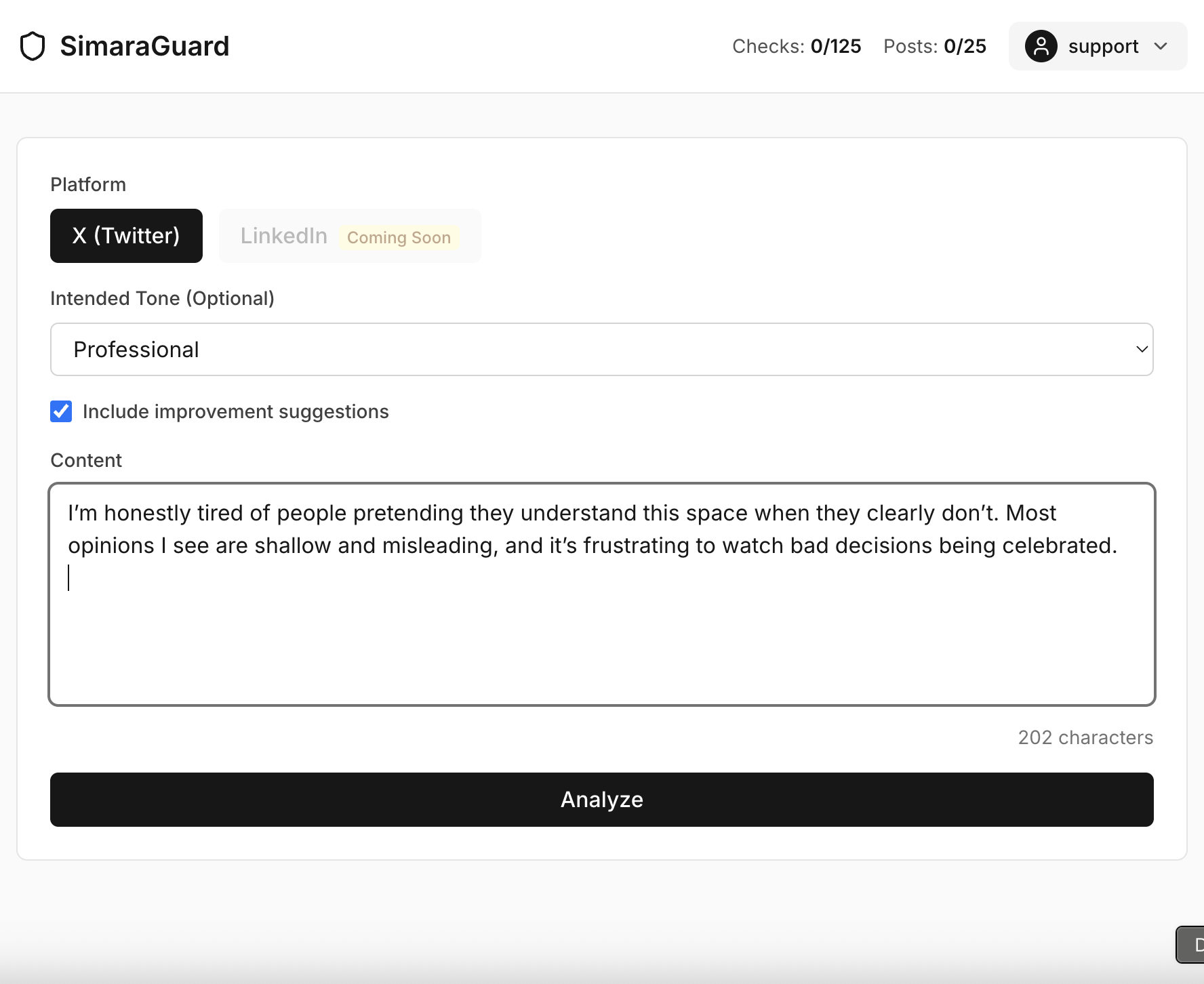 SimaraGuard — Pause before you post - Main product screenshot demonstrating key features and user interface