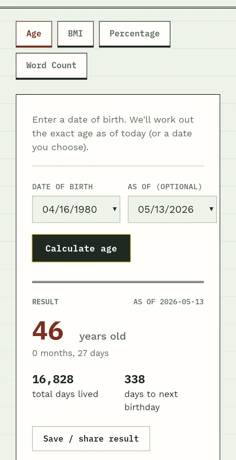 QuickCalc – Age, BMI & % Calculator screenshot 1