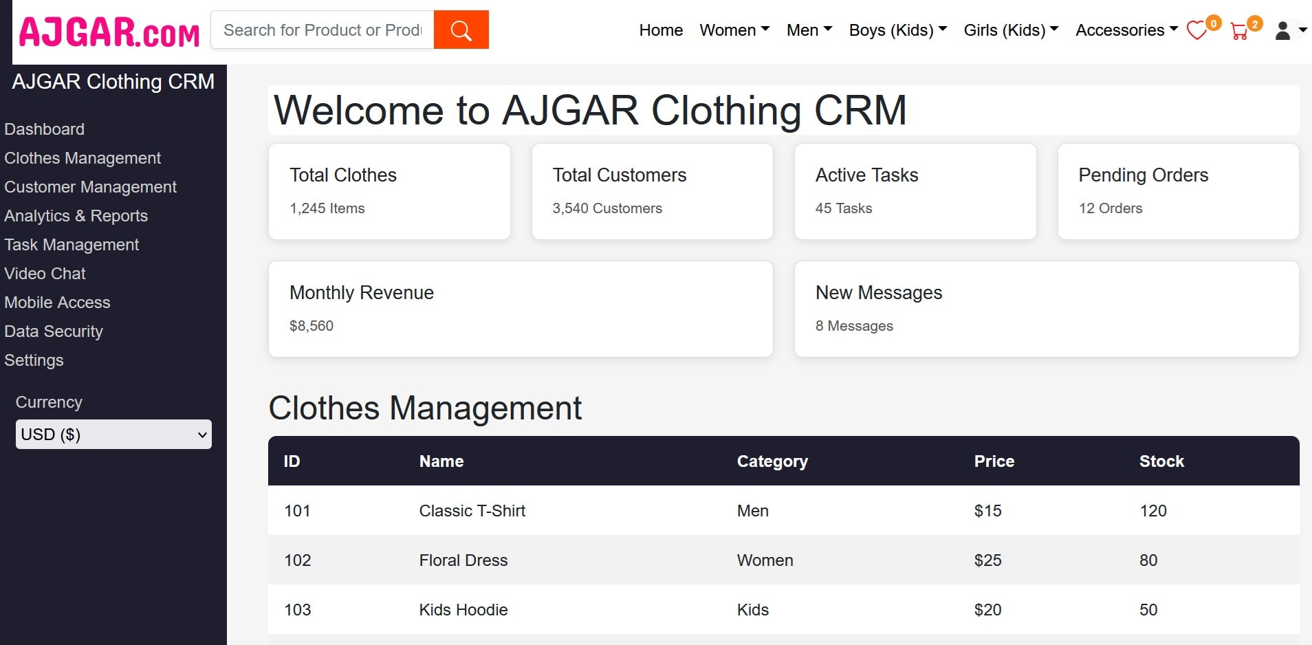 AJGAR Clothing CRM gallery image
