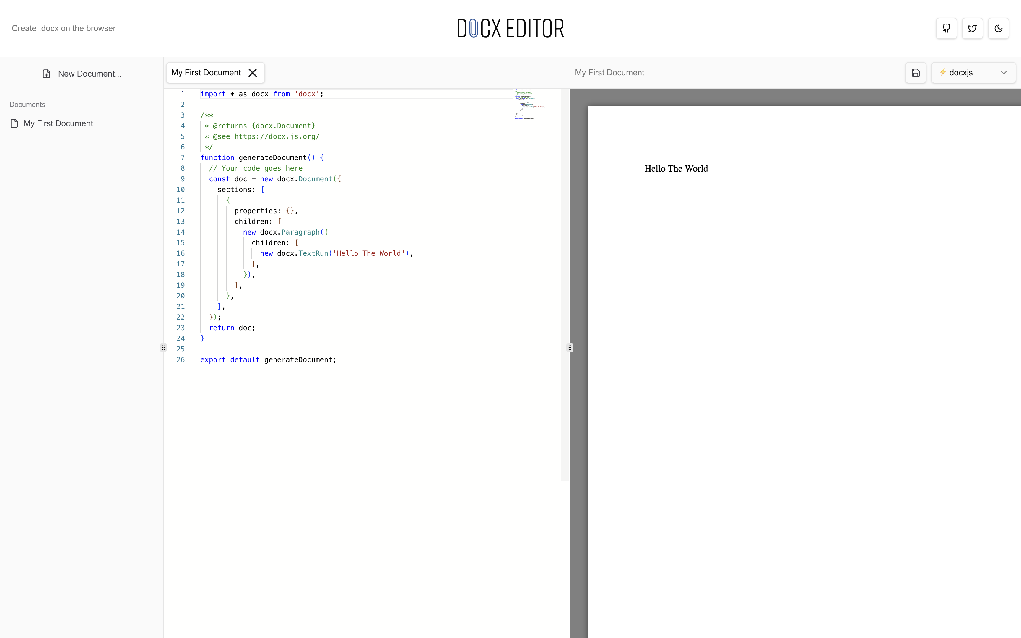 وسائط محرر DOCX.JS - محرر الكود المستند إلى المتصفح لـ DOCX.JS مع معاينة مباشرة 4