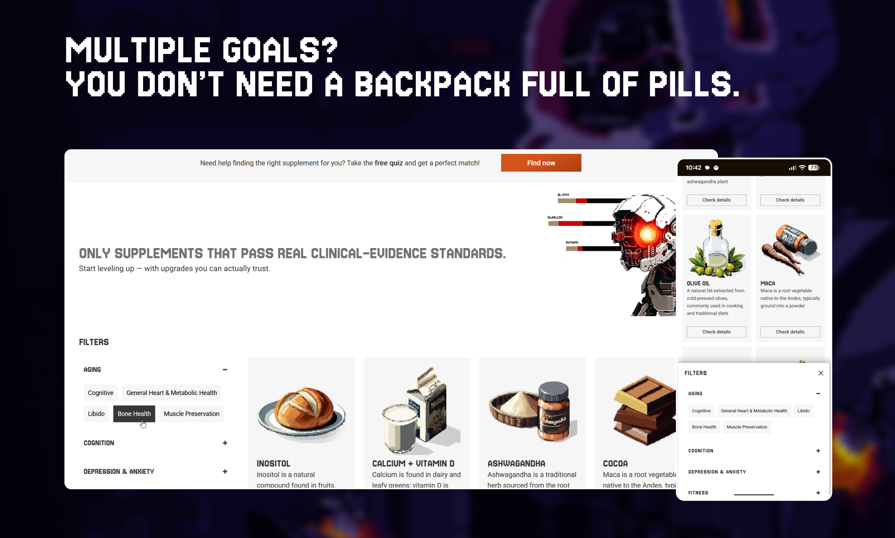 Tactics+ Supplement Finder - Main product screenshot demonstrating key features and user interface
