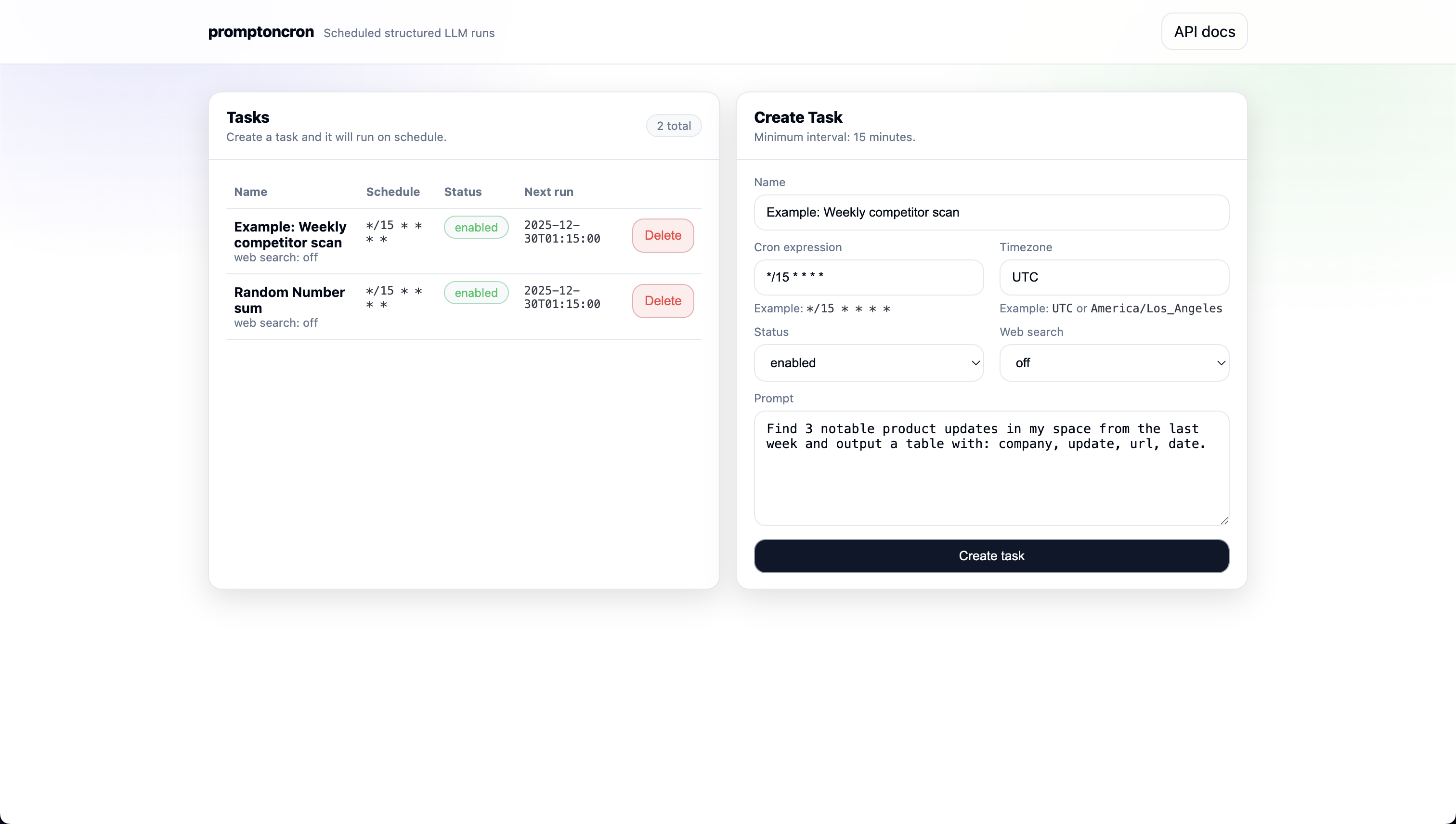 PromptOnCron - Main product screenshot demonstrating key features and user interface